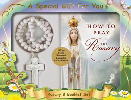 Wood Cord Rosary & Booklet Set/White   (60665)