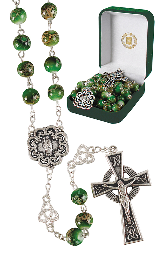 Glass Imitation Green Marble St.Patrick Rosary  (60720)
