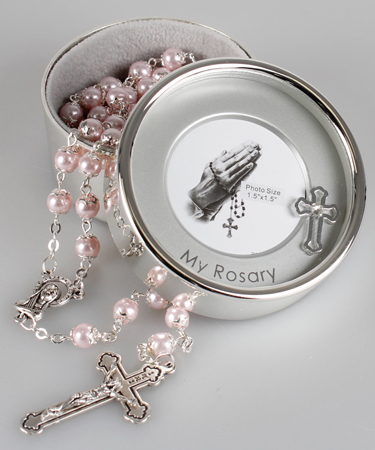 Pearl Rosary/Pink with Caps/Photo Box   (62653)