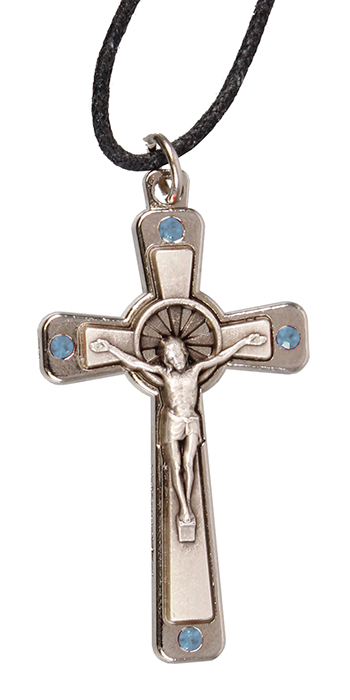 Crucifix 1 1/2  inch Metal/Blue/Swarovski Crystal   (10271)