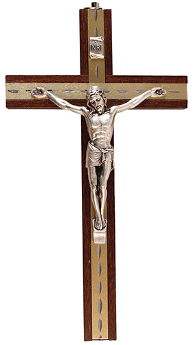Beech Wood Crucifix 8 inch Metal Inlaid   (10585)