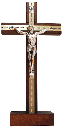 Beech Wood Standing Crucifix 9 1/2 inch Metal Inlaid   (11585)
