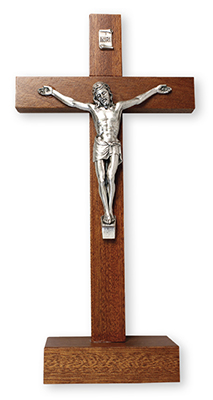 Mahogany Standing Crucifix 8 1/2 inch/Metal Corpus   (11590)