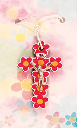 Wood Crucifix/Pink - 2 inch with 30 inch Cord   (12037)