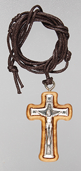 Small Olive Wood Crucifix 1 1/4 inch  with 32 inch Cord   (12053)
