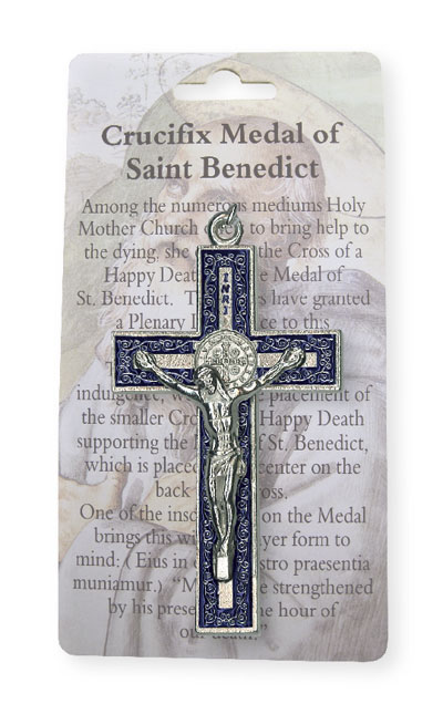 Metal/Blue Enamel Benedict Crucifix 3  inch   (1214/BL)