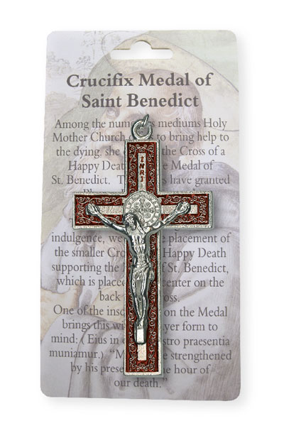Metal/Red Enamel Benedict Crucifix 3  inch   (1214/RED)