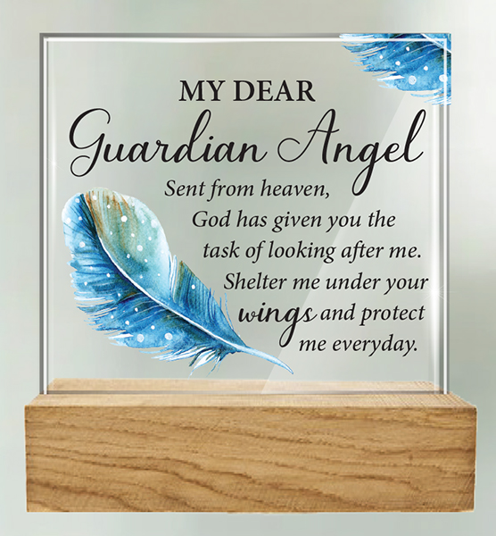 Glass Plaque/Wood Base/Guardian Angel   (32420)