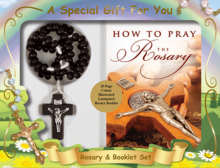 Wood Cord Rosary & Booklet Set/Black   (60660)
