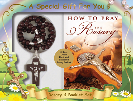 Wood Cord Rosary & Booklet Set/Brown   (60661)