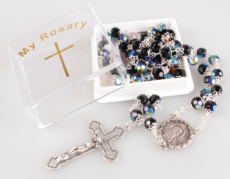 Glass Rosary/AB/Capped/Black   (6180/BLACK)