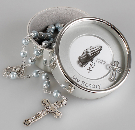 Pearl Rosary/Blue with caps/Photo Box   (62651)