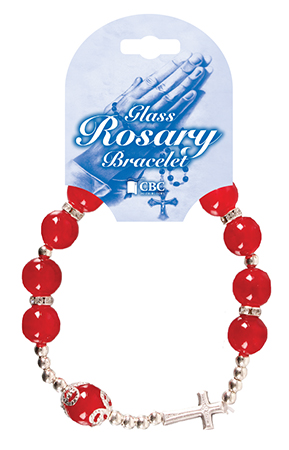 Glass Rosary Bracelet With Cross/Red   (63657)