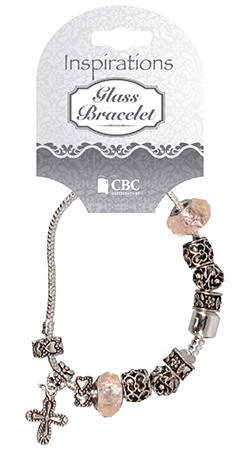 Metal/Glass Bracelet With Cross/Pink   (64512)