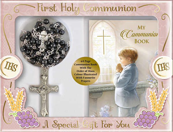 Communion Imit.Hematite Rosary/Boy Prayer Book   (C6044)