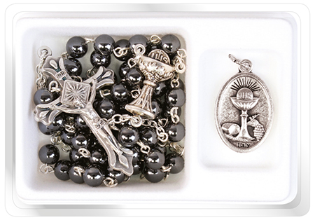Communion Imit.Hematite Rosary/Picture Medal   (C6048)