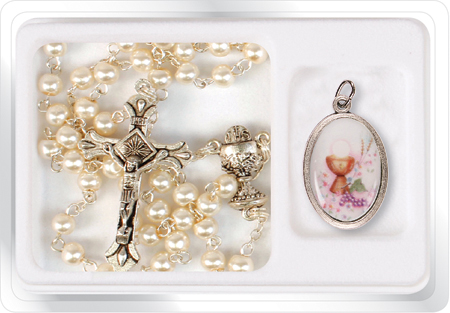 Communion Pearl Rosary & Picture Medal   (C6049)