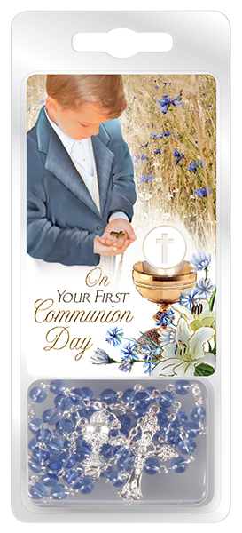 Communion Glass Rosary/Blue/Leaflet/Boy   (C6081/BLUE)