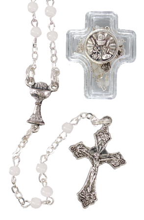 Communion Glass Rosary/White   (C61183)