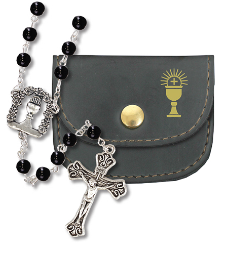 Communion Rosary/Imit.Black Pearl In Purse   (C61610)