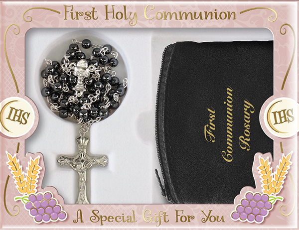 Communion Imit.Hematite Rosary/Black Purse   (C6183)