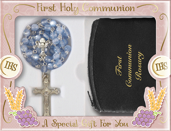 Communion Imit.Pearl Rosary/Blue with Purse   (C61850)