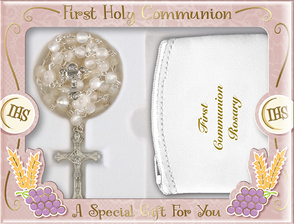 Communion Imit.Pearl Rosary/White with Purse   (C61860)