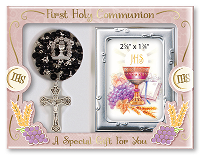 Communion Glass Black Rosary/Photo Frame   (C63430)