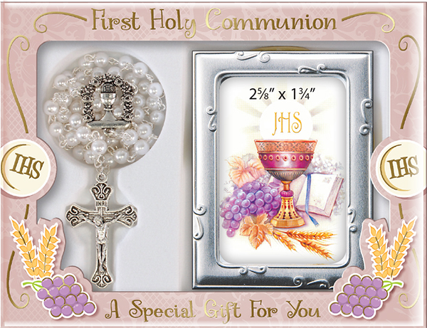 Communion Glass White Rosary/Photo Frame   (C63431)