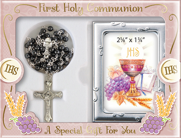 Communion Glass Black Rosary/Photo Frame   (C63432)