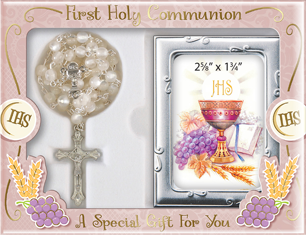 Communion Glass Pearl Rosary/Photo Frame   (C63433)