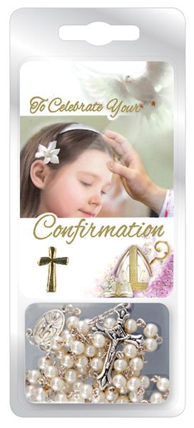Confirmation ImitationPearl Rosary with Card   (F6066)